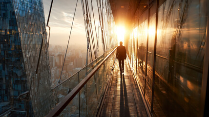 Naklejka na ściany i meble Man walks on elevated walkway with city view at sunset
