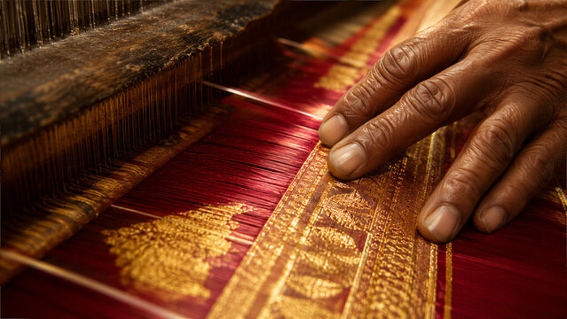Close Up of Skilled Indian Weaver Creating Luxury Silk Saree on Handloom
