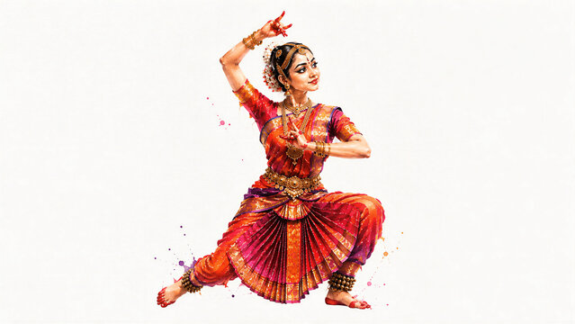 Traditional Indian Bharatanatyam Classical Dancer Watercolor Illustration on White Paper
