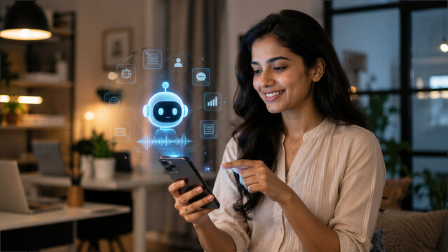 Young Indian Woman Interacting with Virtual AI Assistant on Mobile Phone