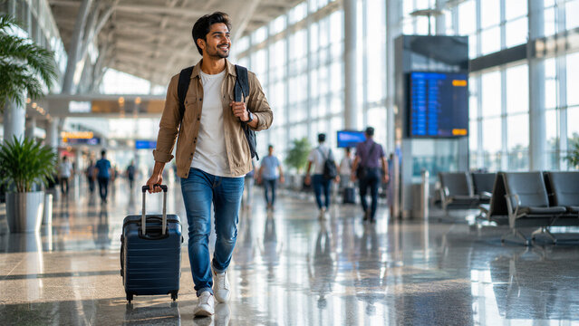 Happy Indian Traveler Pulling Luggage Through Airport Terminal