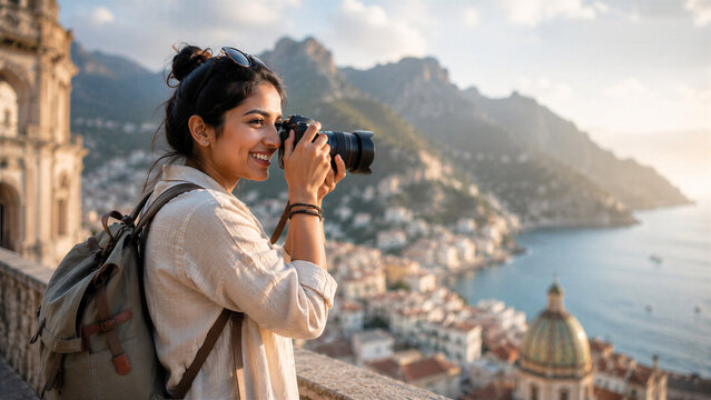 Indian Female Travel Photographer Capturing Coastal City at Golden Hour