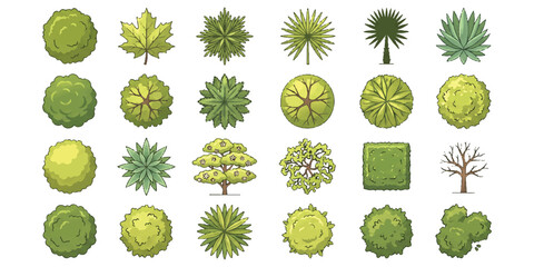 Set of green trees and bushes top view icons for landscape design architectural plan © md