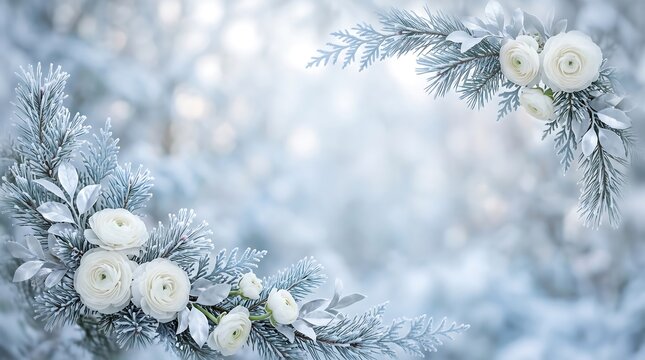 Winter floral background with white ranunculus flowers, frosted pine branches framing soft bokeh lights, elegant Christmas holiday banner