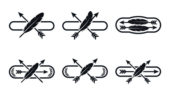 Collection of six black arrow and feather emblems with decorative frames