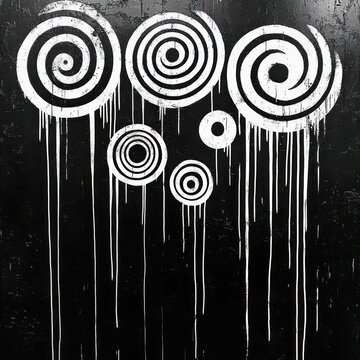 white concentric spiral circles painted on a textured black wall with long downward drips, creating a hypnotic and eerie mood