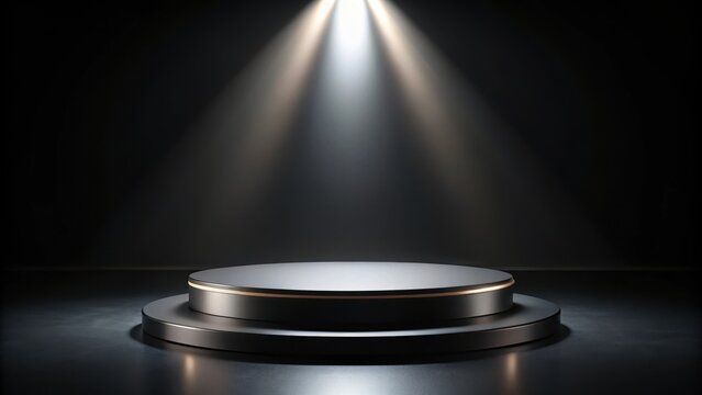 Black round podium product stage on black background of a spotlight