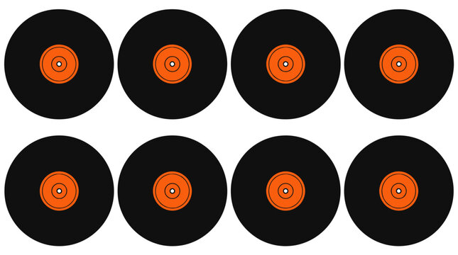 Eight black vinyl records with orange labels arranged in a pattern