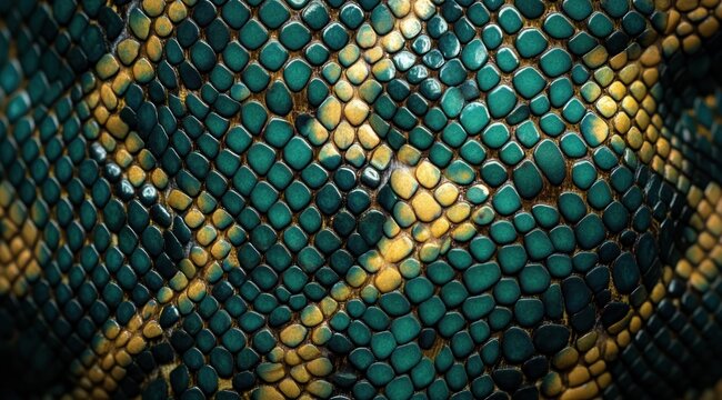 macro close-up of green and yellow snake scales with glossy textured pattern, evoking mystery