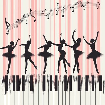 graceful ballerina silhouettes dancing across piano keys with floating musical notes over a pink striped background, joyful and elegant