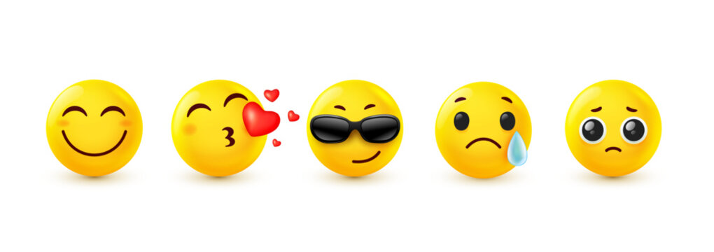 3d emoji icons set, realistic yellow emoticon with air kiss and heart, happy smile and pleading eyes, face in cool sunglasses and sad crying with tear. Vector collection
