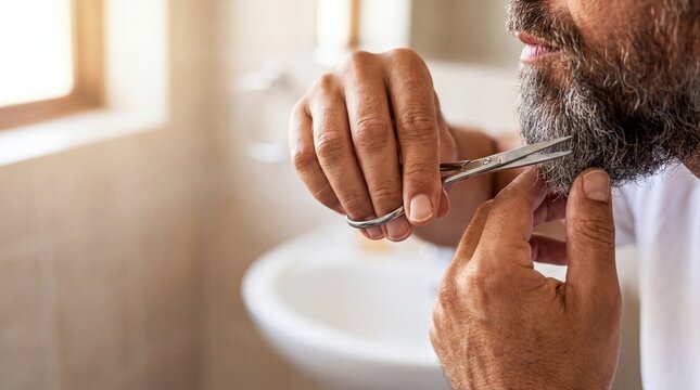 Grooming techniques, close-up of male hands with manicured nails trimming a beard neatly
