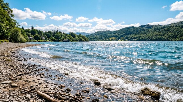 Turquoise Mountain Lake Surrounded by Rocky Peaks Under Blue Summer Sky, Scenic Nature Landscape and Travel Destination Inspired by Greece Wilderness Beauty