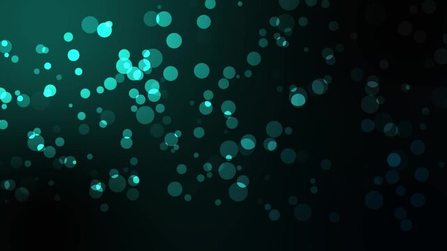 Teal bokeh particle motion graphics animation on a dark gradient background.