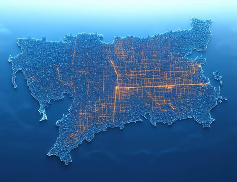 Aerial view of a glowing futuristic island city map with dense blue building blocks and bright orange illuminated street grid over deep blue water conveying dynamic energy