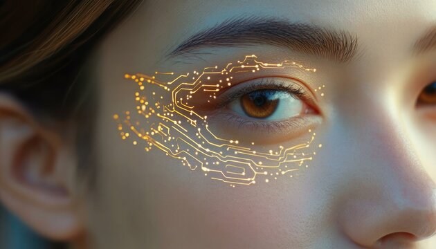 close-up of a woman's face with a glowing golden circuit pattern around her brown eye, calm contemplative expression, smooth skin and defined eyebrow