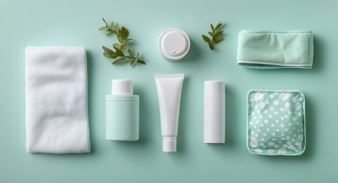 calming spa essentials flat lay with folded towel, cleanser bottles, cream jar, lotion tube, headband, polka dot pouch and green leaves on mint background, fresh and soothing
