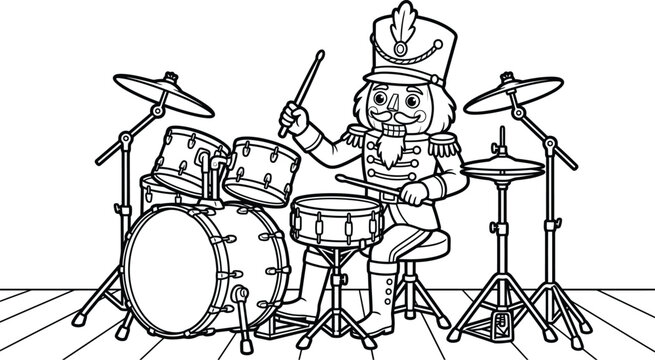 Christmas nutcracker playing drum set coloring page vector