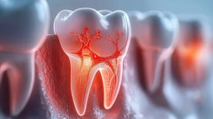 Close-up row of molars with one tooth showing inflamed red pulp and branching nerves, highlighting dental pain and internal tooth anatomy © Jdgkxbnc