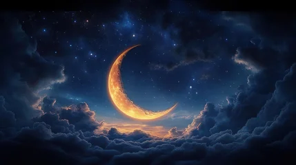 golden crescent moon glowing above and nestled in soft clouds under a starry deep blue sky, creating a serene dreamy magical atmosphere of wonder © Jdgkxbnc