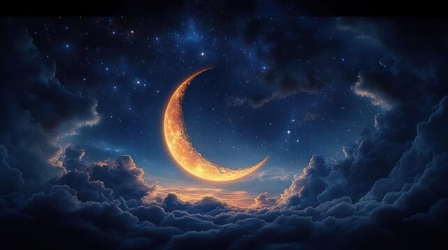 golden crescent moon glowing above and nestled in soft clouds under a starry deep blue sky, creating a serene dreamy magical atmosphere of wonder