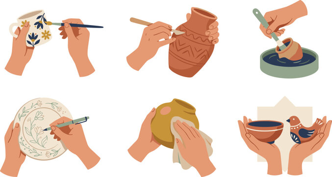 Pottery workshop hands vector set with ceramic craft studio icons including painting mug carving vase glazing pot sketching plate handmade figurine