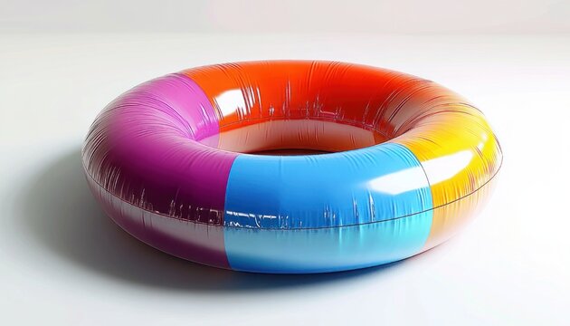 glossy multicolored inflatable swim ring with purple blue orange and yellow panels on white surface, playful and cheerful summer vibe