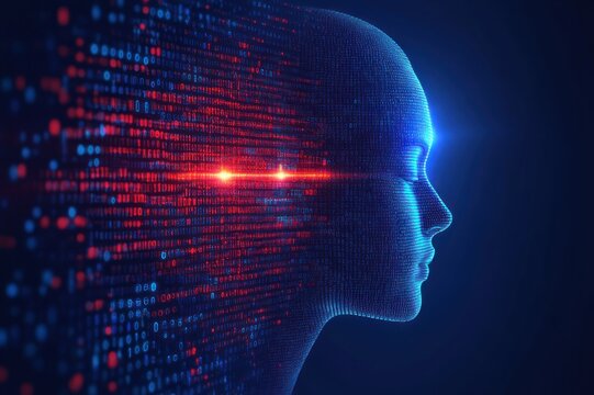 Curved digital data mesh of red and blue binary dots with twin orange flares, a dark glowing rectangular portal and a small blue orb, futuristic mysterious atmosphere