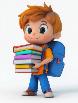 happy young red-haired boy with blue backpack holding a colorful stack of books, smiling warmly in a cute 3d cartoon style on a white background