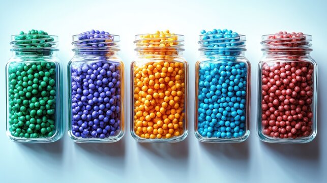 five glass jars lined up on a white surface filled with small colorful round candies in green, purple, orange, blue and red &mdash; bright, cheerful, playful display