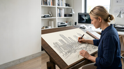 Obraz premium Female architect drawing modern city skyline sketch on drafting easel table in bright creative studio office space