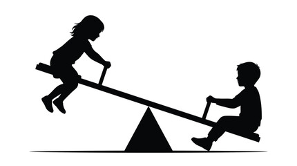 Fototapeta premium A minimal black vector illustration of two young children playing together on a classic seesaw