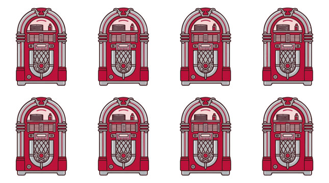 Red vintage jukebox music players set in classic retro design style