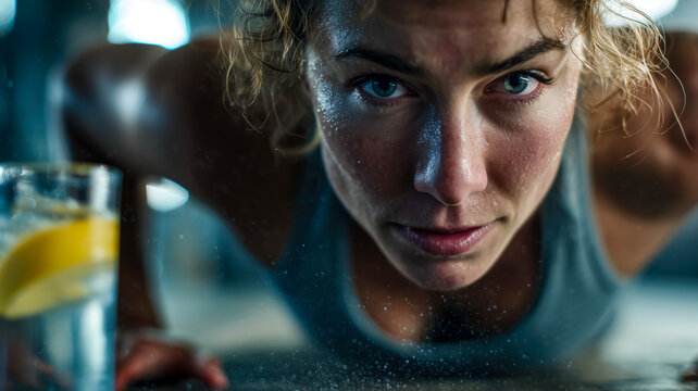 Intense gaze: Womans determined face during a challenging push-up