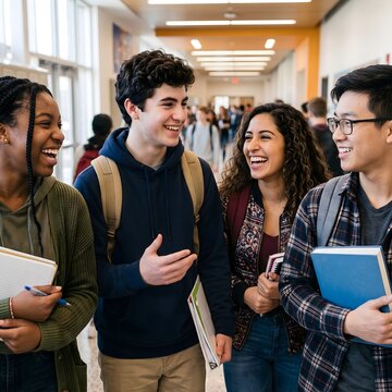 Students walking together in a school hallway chatting and laughing