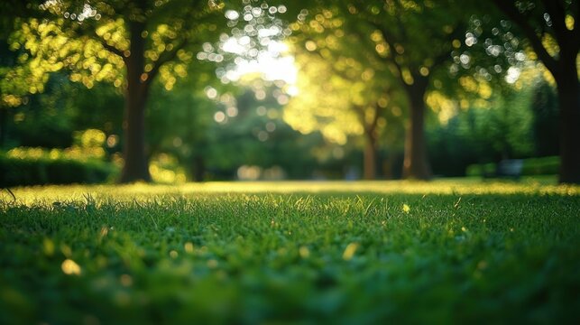 Low-angle view of a sunlit tree-lined park with lush green grass, dappled golden-hour light and soft bokeh, evoking peaceful, tranquil summer calm