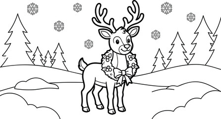 Fototapeta premium Whimsical Winter Reindeer Outline Drawing in Snowy Landscape for Creative Coloring Activity Fun