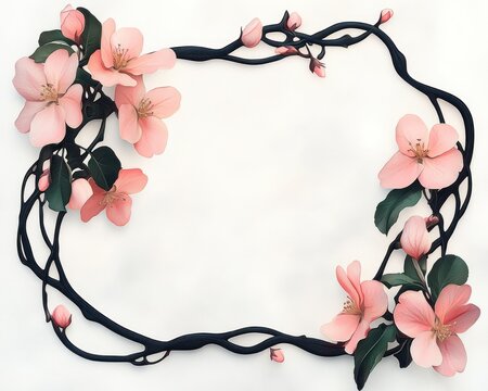 delicate pink blossom frame with twisted dark vines and green leaves, serene romantic floral border around blank center