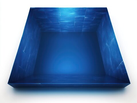 empty deep square blue box with textured tiled walls and subtle overhead lighting, evoking calm isolation