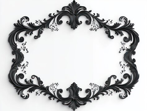 ornate black filigree baroque frame with floral scrolls and acanthus leaves surrounding an empty white center, elegant dramatic vintage decorative border