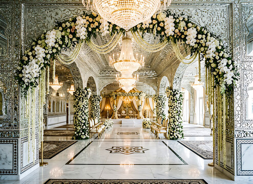 Elegant White Floral Wedding Arch in Luxury Mirror Palace