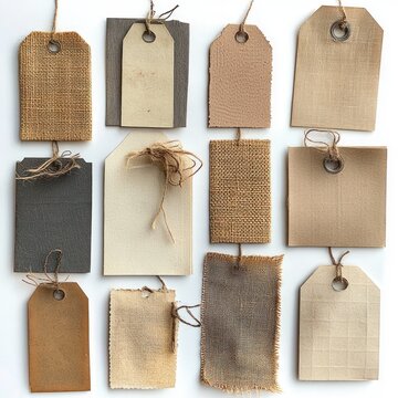 Assorted blank gift and hang tags in earthy brown and beige tones with twine, burlap, paper, and fabric textures arranged in a neat grid on white background, evoking a rustic handmade feeling
