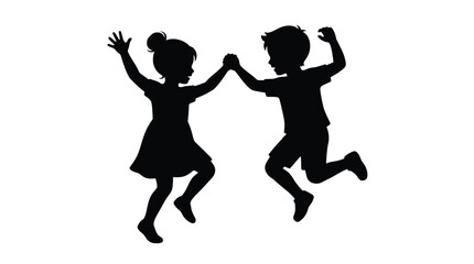 Black vector illustration silhouette of a happy boy and girl jumping together in joyful unity