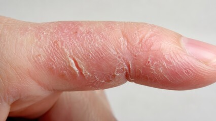 Fototapeta premium Close up of dry cracked skin on human finger affected by severe flaking and peeling condition
