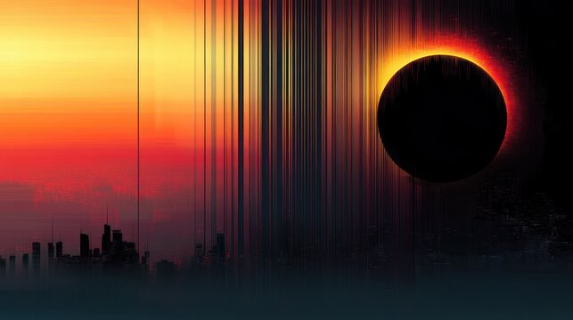 Ominous solar eclipse with fiery rim over a silhouetted city skyline at sunset, vertical digital streaks and low fog creating a dramatic surreal atmosphere
