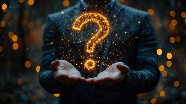 outstretched hands holding a glowing golden question mark of sparkling particles amid soft bokeh lights, evoking mystery, wonder and curiosity