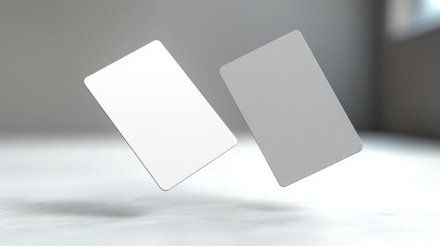 Two blank rectangular white cards floating above a softly lit surface in a minimalist gray room, serene and airy mood