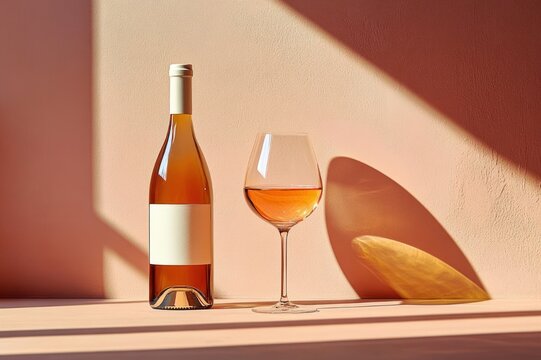 Minimal still life of a ros&eacute; wine bottle and filled stemmed glass bathed in warm sunlight, casting soft shadows and evoking a calm elegant summer mood