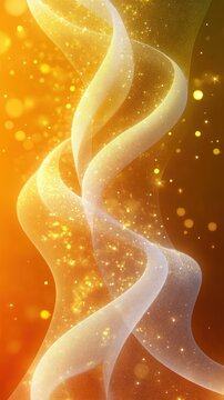 Twisting translucent ribbons of light with golden sparkles and bokeh on a warm glowing background, evoking elegant magical celebration