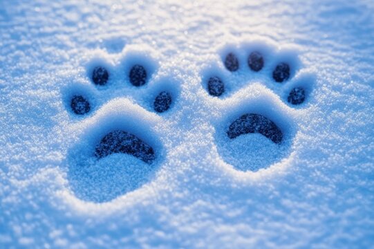 Two clear animal paw prints pressed into fresh blue-tinted snow, evoking quiet, playful winter wonder